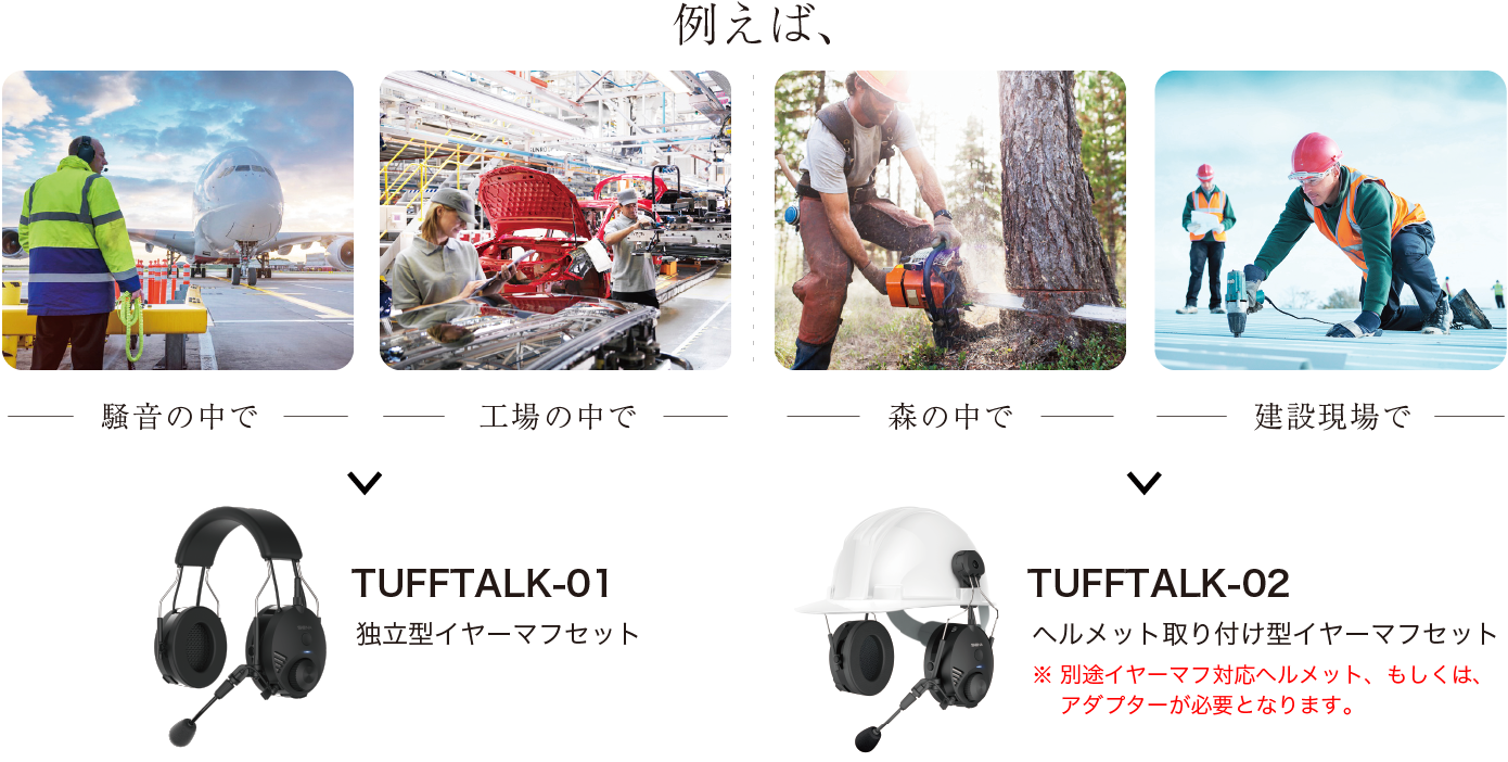 TUFFTALK-01：独立型イヤーマフセット／TUFFTALK-02：ヘルメット取り付け型イヤーマフセット
